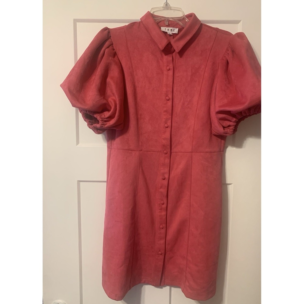THML Sz Med Pink Suede Puff Sleeve Collared Button A-Line CottageCore Mini Dress